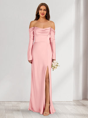 Sheath/Column Off-the-Shoulder Long Sleeves Ruched Bridesmaid Dresses with Split Side