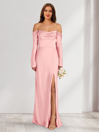 Sheath/Column Off-the-Shoulder Long Sleeves Ruched Bridesmaid Dresses with Split Side