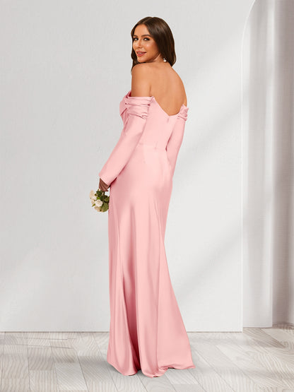 Sheath/Column Off-the-Shoulder Long Sleeves Ruched Bridesmaid Dresses with Split Side