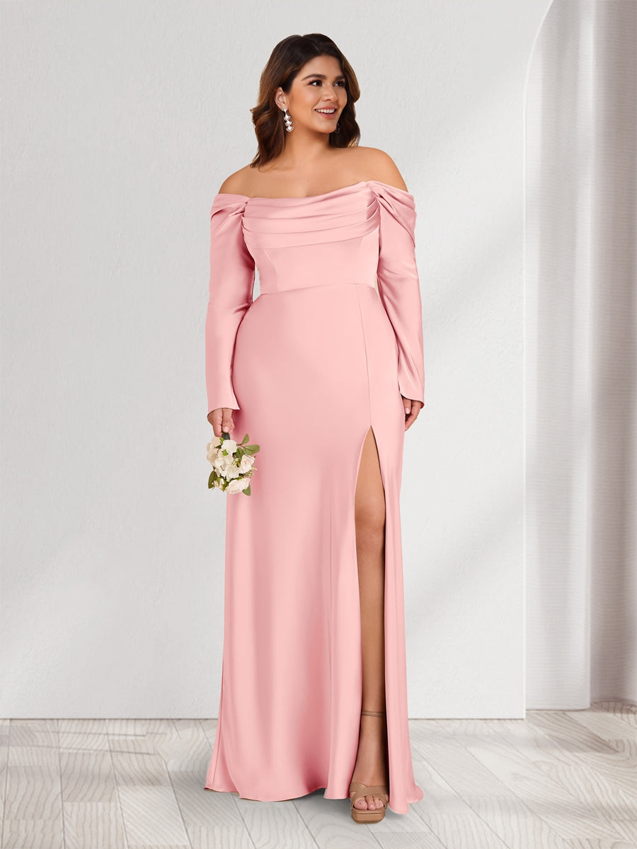 Sheath/Column Off-the-Shoulder Long Sleeves Ruched Plus Size Bridesmaid Dresses with Split Side