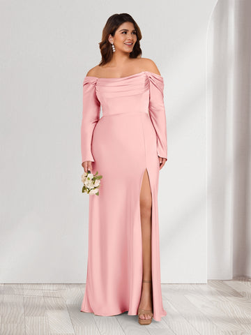 Sheath/Column Off-the-Shoulder Long Sleeves Ruched Plus Size Bridesmaid Dresses with Split Side