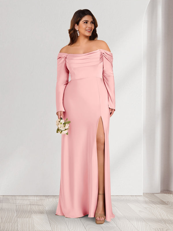 Sheath/Column Off-the-Shoulder Long Sleeves Ruched Plus Size Bridesmaid Dresses with Split Side