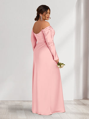 Sheath/Column Off-the-Shoulder Long Sleeves Ruched Plus Size Bridesmaid Dresses with Split Side