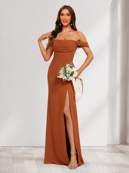 Sheath/Column Cold Shoulder Sleeveless Ruched Bridesmaid Dresses with Split Side
