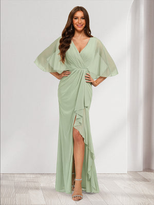 Trumpet/Mermaid V-Neck Half Sleeves Bridesmaid Dresses with Split Side & Ruffles