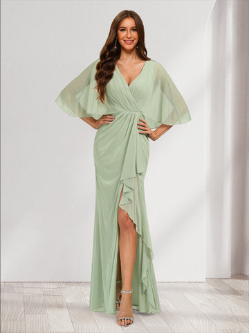 Trumpet/Mermaid V-Neck Half Sleeves Bridesmaid Dresses with Split Side & Ruffles