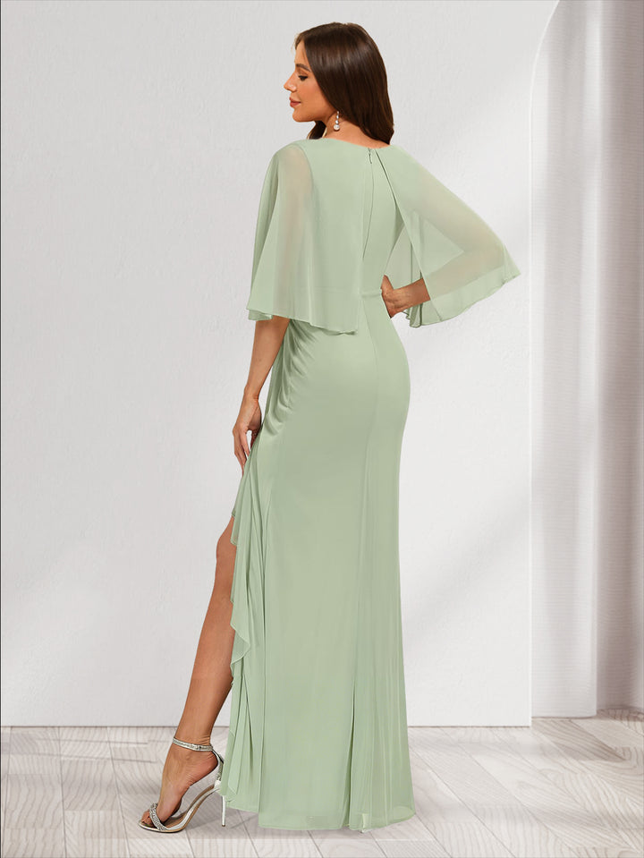 Trumpet/Mermaid V-Neck Half Sleeves Bridesmaid Dresses with Split Side &amp; Ruffles
