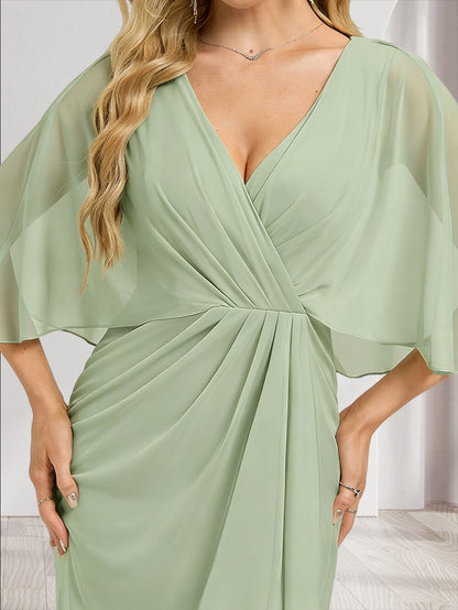 Trumpet/Mermaid V-Neck Half Sleeves Bridesmaid Dresses with Split Side & Ruffles