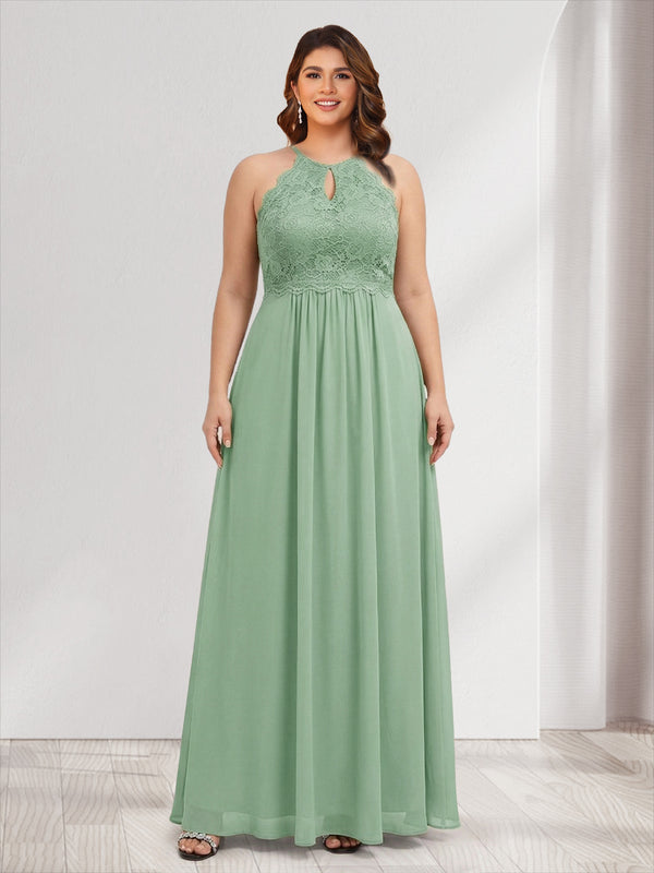 A-Line/Princess Crew Neck Keyhole Plus Size Bridesmaid Dresses with Lace