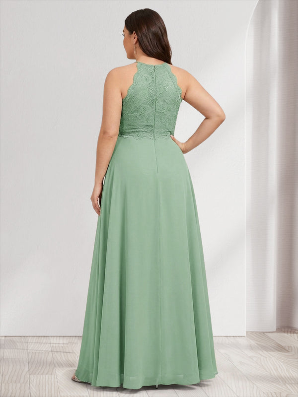 A-Line/Princess Crew Neck Keyhole Plus Size Bridesmaid Dresses with Lace