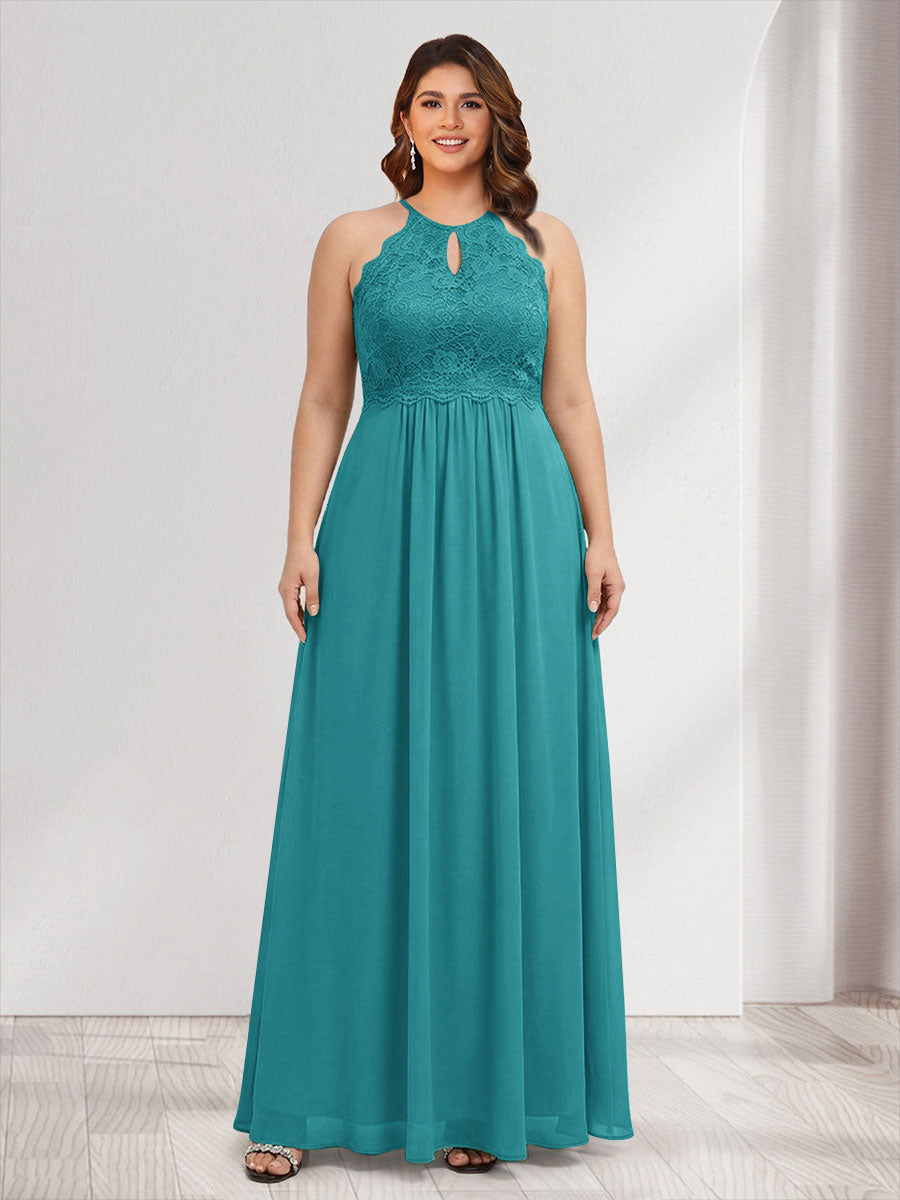 A-Line/Princess Crew Neck Keyhole Plus Size Bridesmaid Dresses with Lace