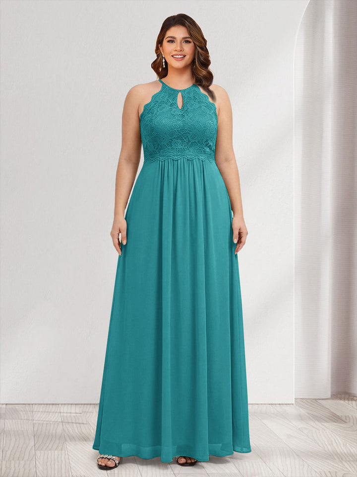 A-Line/Princess Crew Neck Keyhole Plus Size Bridesmaid Dresses with Lace