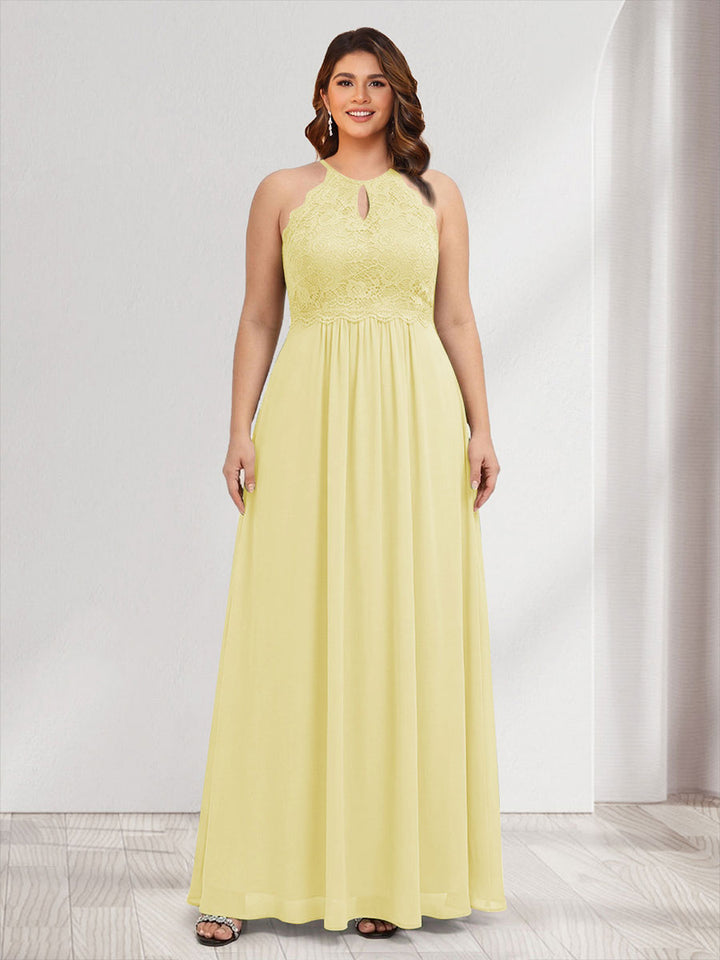 A-Line/Princess Crew Neck Keyhole Plus Size Bridesmaid Dresses with Lace
