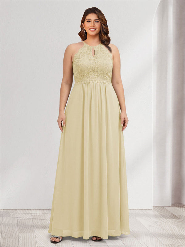 A-Line/Princess Crew Neck Keyhole Plus Size Bridesmaid Dresses with Lace