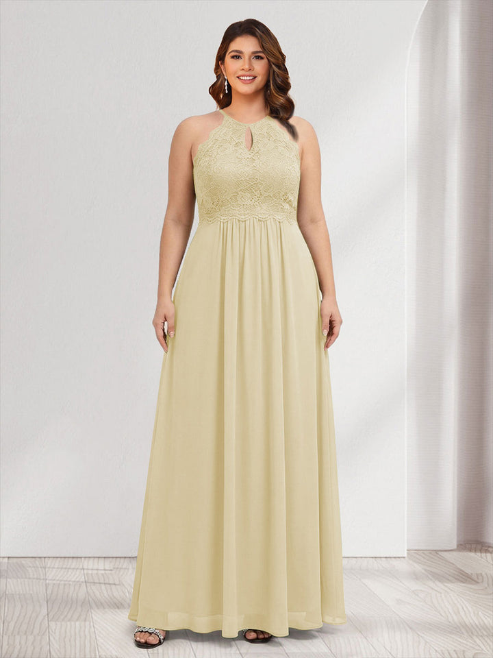 A-Line/Princess Crew Neck Keyhole Plus Size Bridesmaid Dresses with Lace