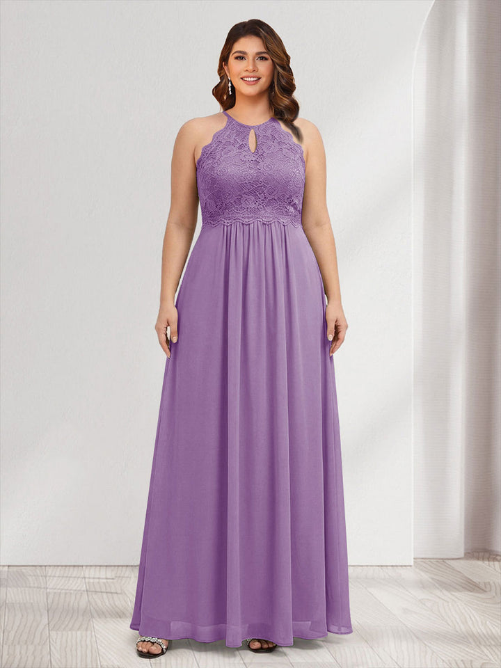 A-Line/Princess Crew Neck Keyhole Plus Size Bridesmaid Dresses with Lace