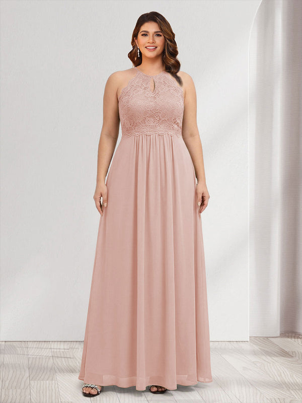 A-Line/Princess Crew Neck Keyhole Plus Size Bridesmaid Dresses with Lace