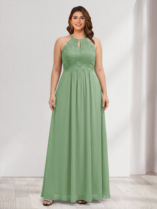 A-Line/Princess Crew Neck Keyhole Plus Size Bridesmaid Dresses with Lace