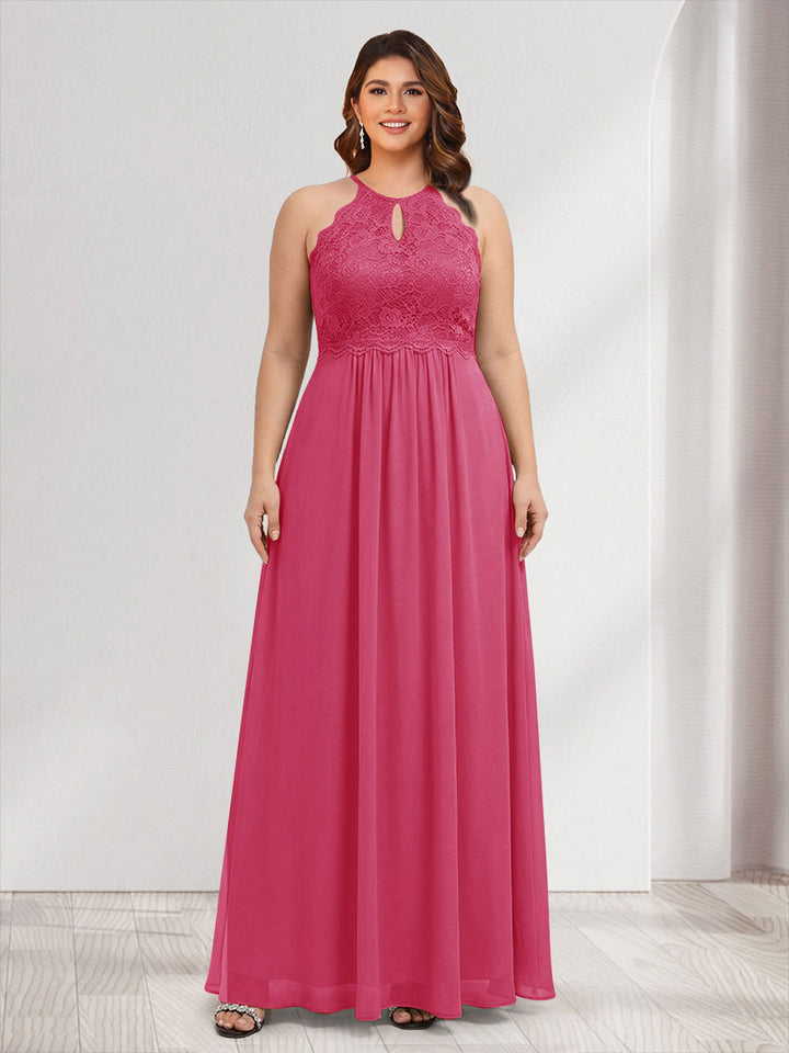 A-Line/Princess Crew Neck Keyhole Plus Size Bridesmaid Dresses with Lace