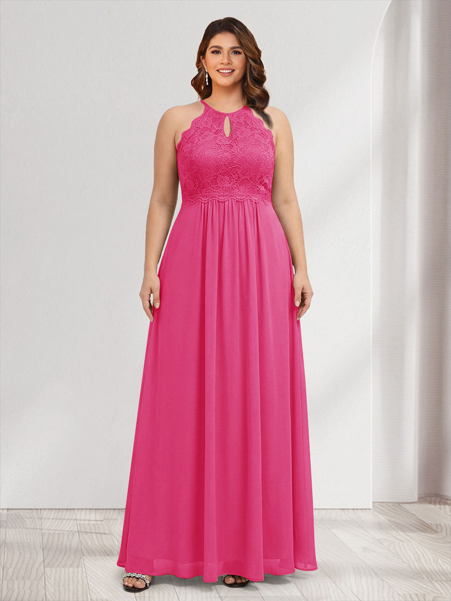 A-Line/Princess Crew Neck Keyhole Plus Size Bridesmaid Dresses with Lace