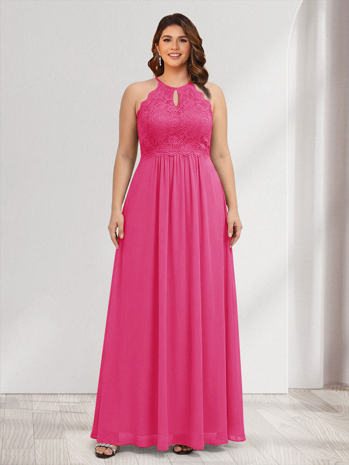 A-Line/Princess Crew Neck Keyhole Plus Size Bridesmaid Dresses with Lace