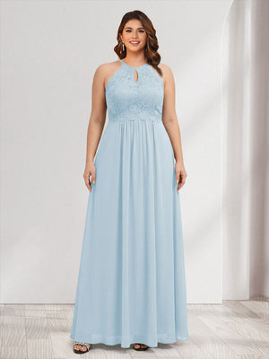 A-Line/Princess Crew Neck Keyhole Plus Size Bridesmaid Dresses with Lace