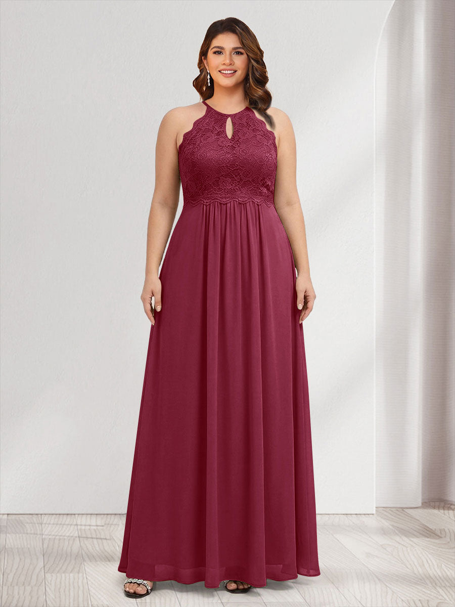 A-Line/Princess Crew Neck Keyhole Plus Size Bridesmaid Dresses with Lace