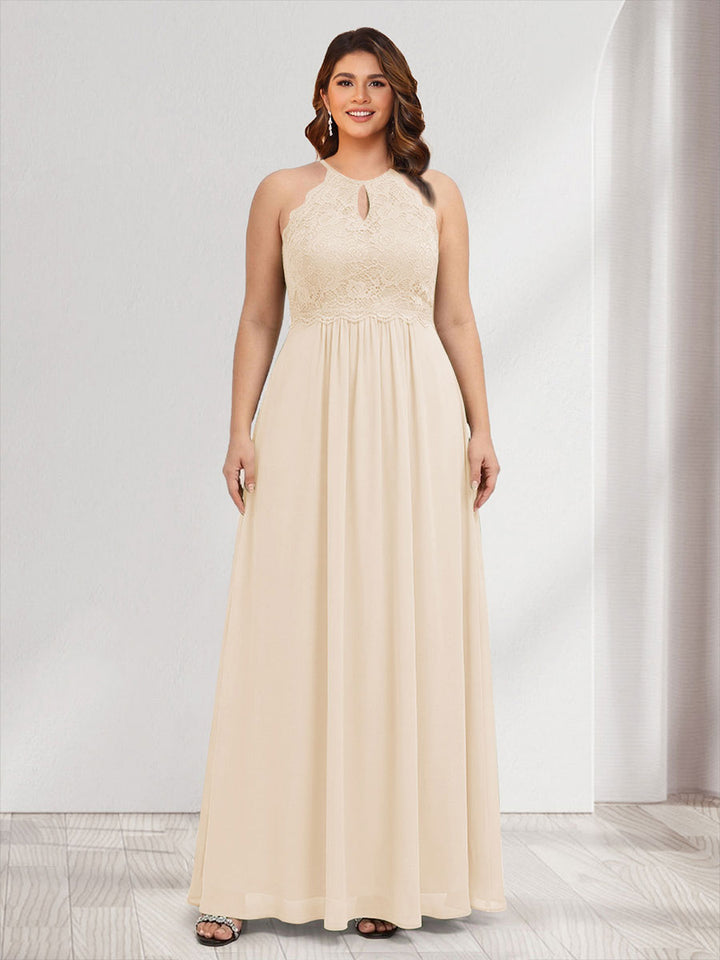 A-Line/Princess Crew Neck Keyhole Plus Size Bridesmaid Dresses with Lace