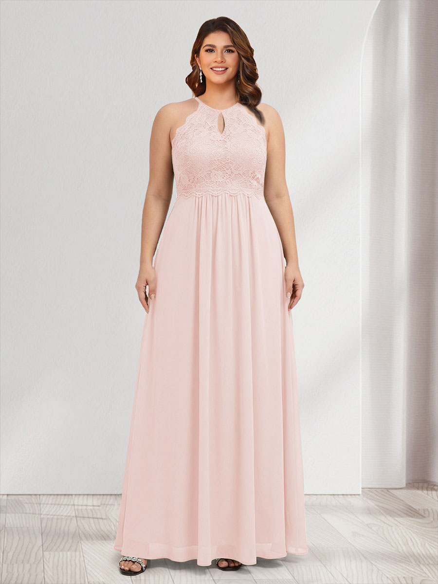 A-Line/Princess Crew Neck Keyhole Plus Size Bridesmaid Dresses with Lace