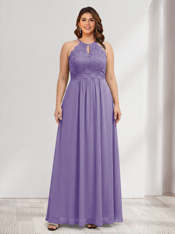 A-Line/Princess Crew Neck Keyhole Plus Size Bridesmaid Dresses with Lace