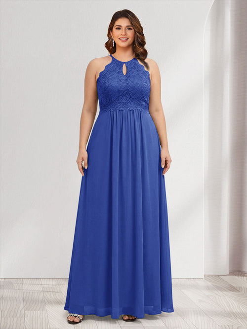 A-Line/Princess Crew Neck Keyhole Plus Size Bridesmaid Dresses with Lace