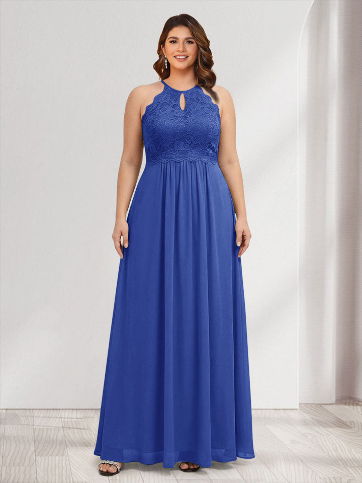 A-Line/Princess Crew Neck Keyhole Plus Size Bridesmaid Dresses with Lace