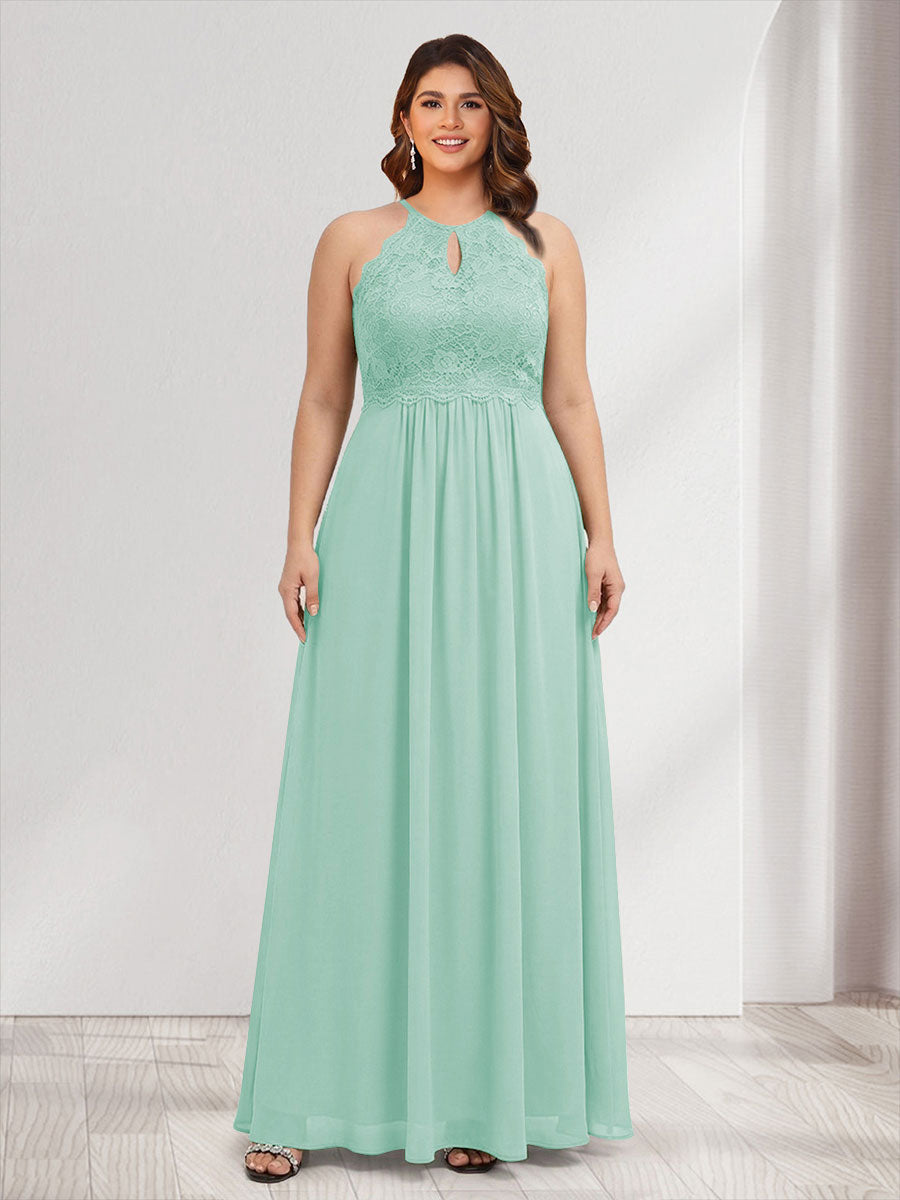 Lavetir Dusty Blue A-Line/Princess Crew Neck Keyhole Plus Size Bridesmaid Dresses with Lace 2026