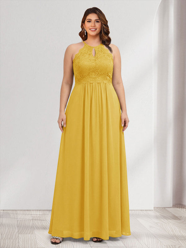 A-Line/Princess Crew Neck Keyhole Plus Size Bridesmaid Dresses with Lace
