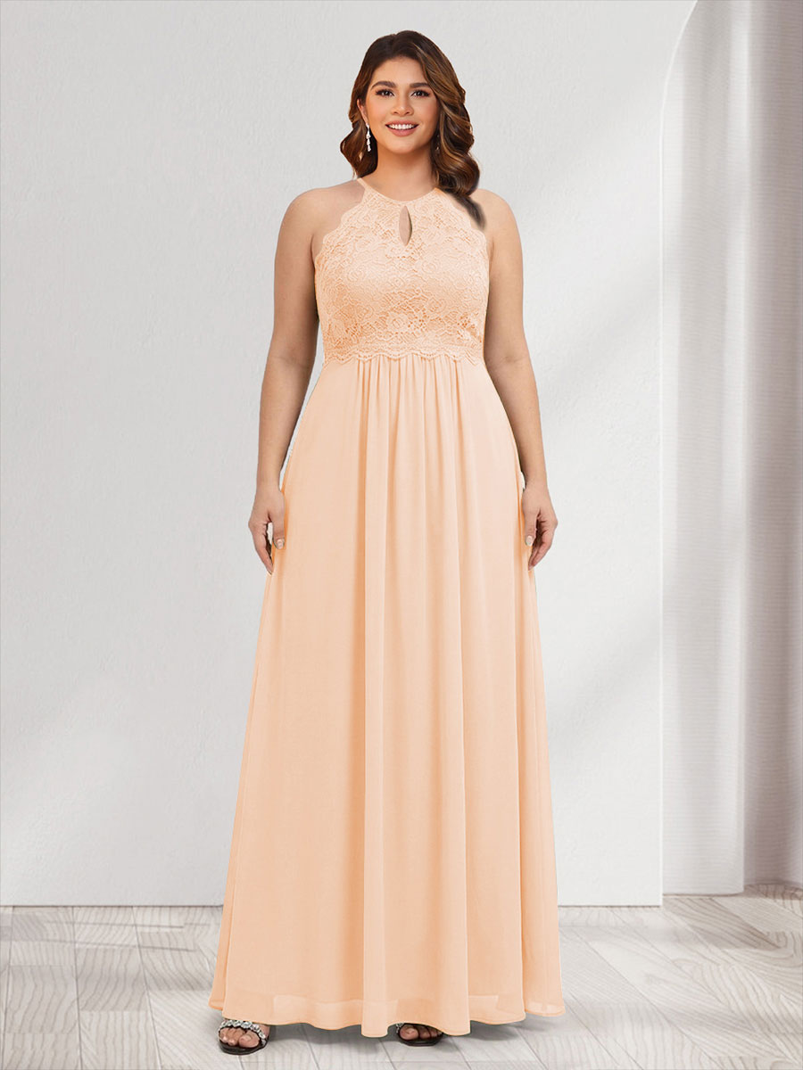 A-Line/Princess Crew Neck Keyhole Plus Size Bridesmaid Dresses with Lace