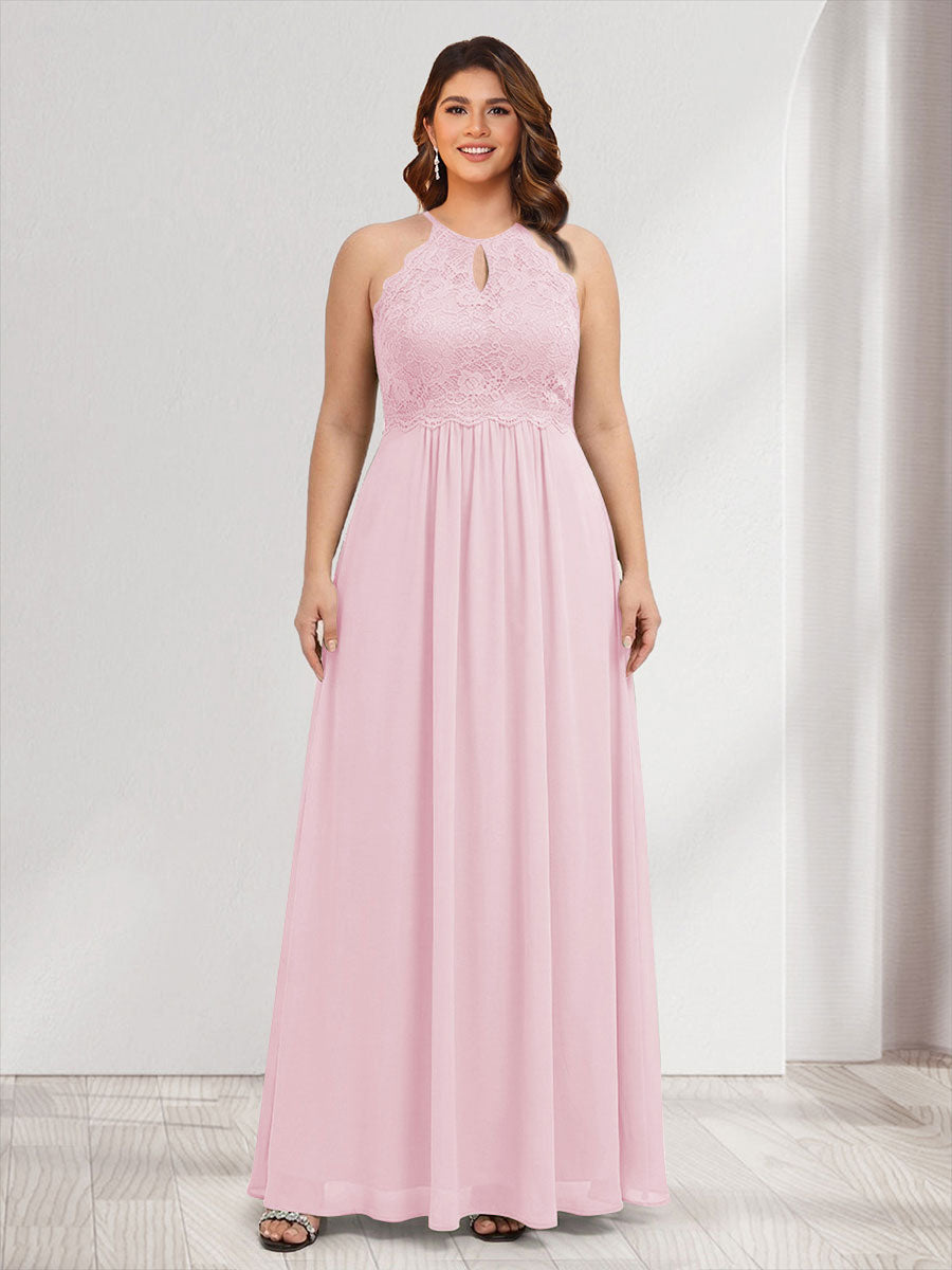 A-Line/Princess Crew Neck Keyhole Plus Size Bridesmaid Dresses with Lace