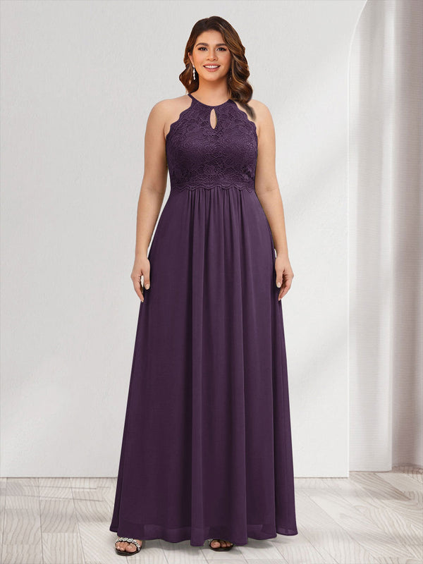 A-Line/Princess Crew Neck Keyhole Plus Size Bridesmaid Dresses with Lace