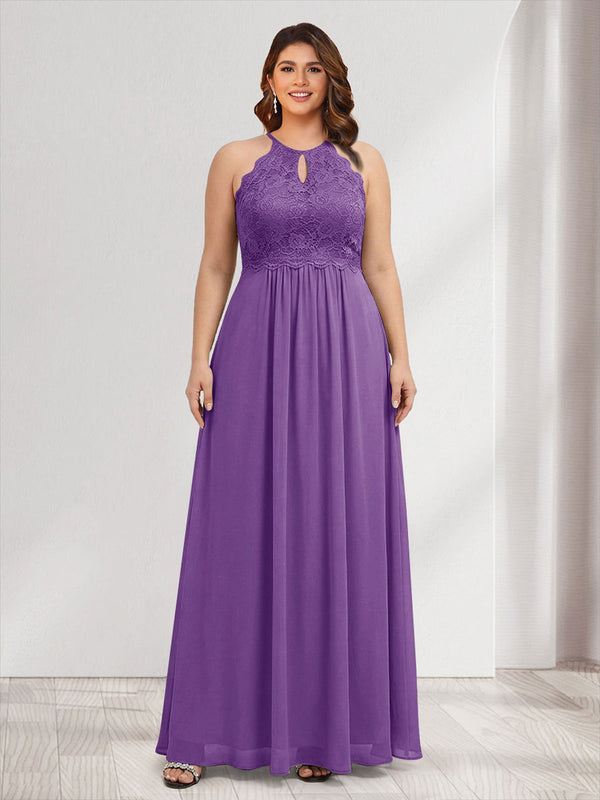 A-Line/Princess Crew Neck Keyhole Plus Size Bridesmaid Dresses with Lace