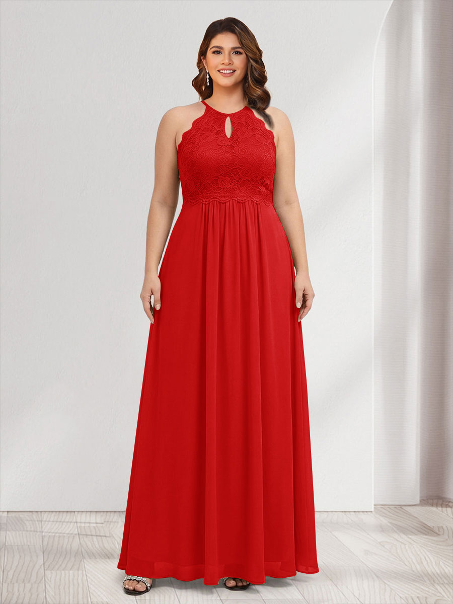 A-Line/Princess Crew Neck Keyhole Plus Size Bridesmaid Dresses with Lace
