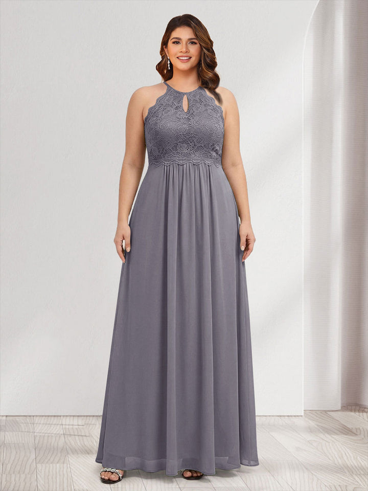 A-Line/Princess Crew Neck Keyhole Plus Size Bridesmaid Dresses with Lace