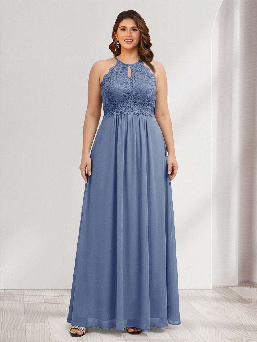 A-Line/Princess Crew Neck Keyhole Plus Size Bridesmaid Dresses with Lace