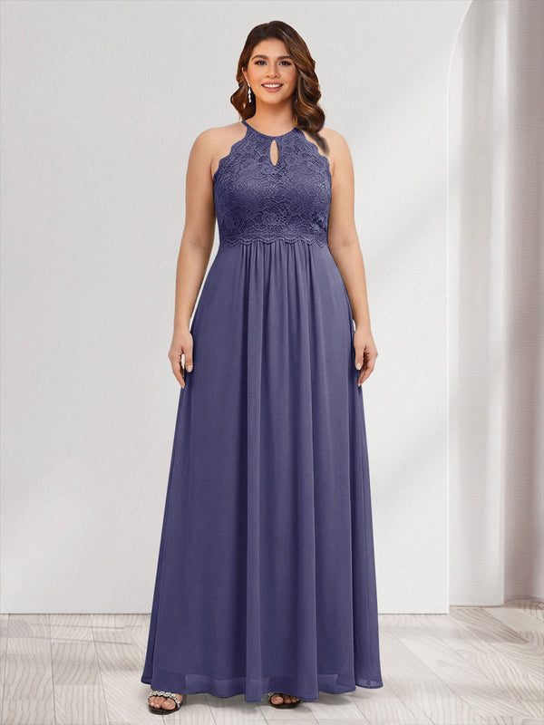 A-Line/Princess Crew Neck Keyhole Plus Size Bridesmaid Dresses with Lace