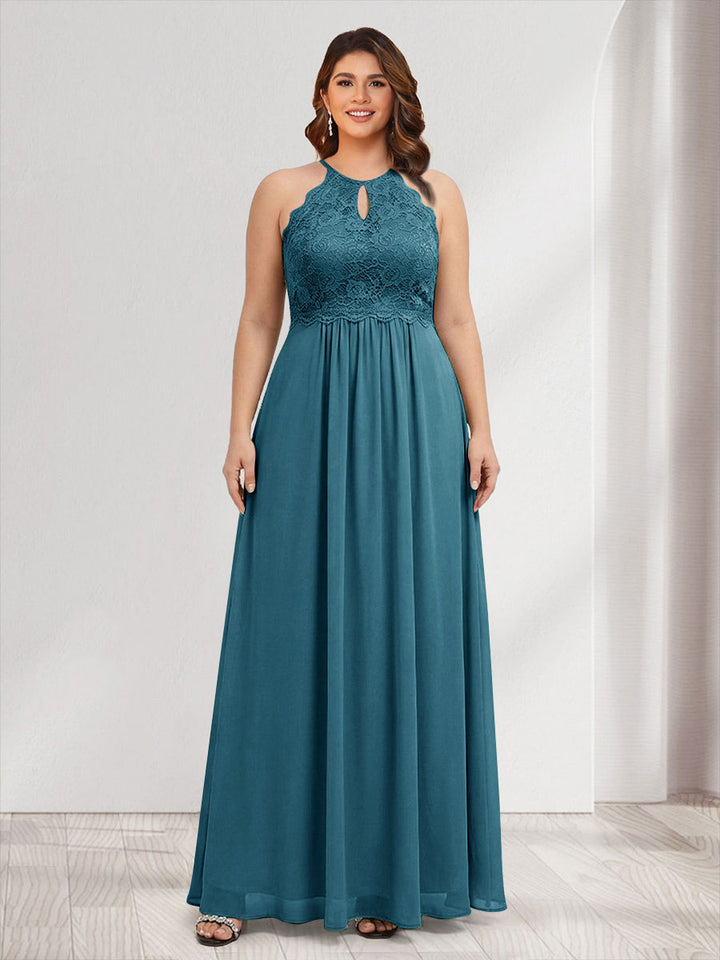 A-Line/Princess Crew Neck Keyhole Plus Size Bridesmaid Dresses with Lace