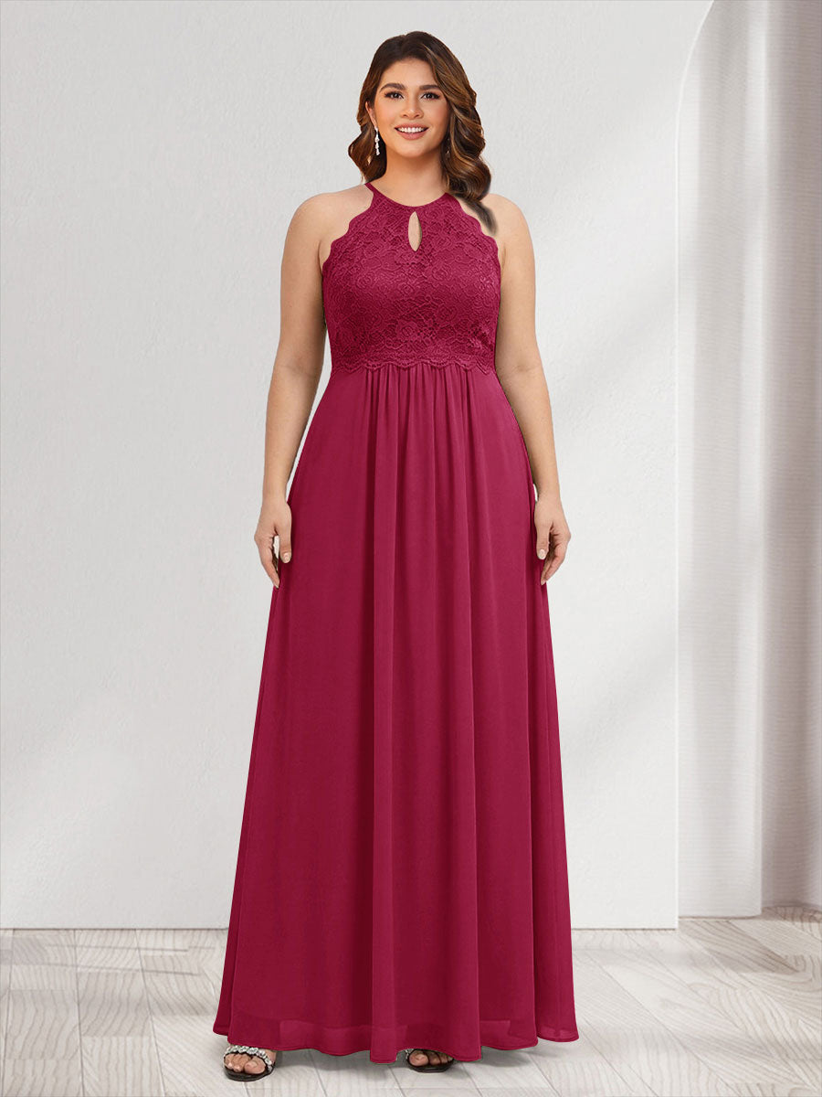 A-Line/Princess Crew Neck Keyhole Plus Size Bridesmaid Dresses with Lace