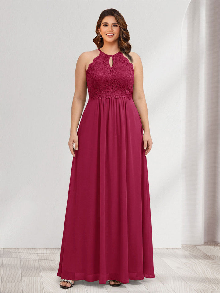 A-Line/Princess Crew Neck Keyhole Plus Size Bridesmaid Dresses with Lace