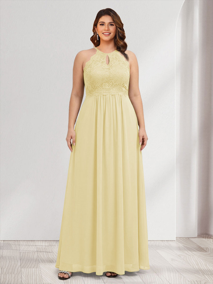 A-Line/Princess Crew Neck Keyhole Plus Size Bridesmaid Dresses with Lace