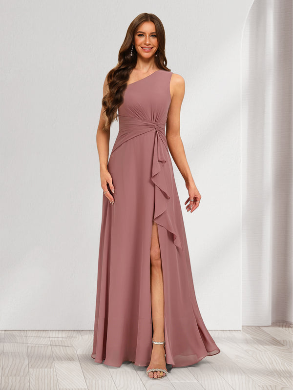 A-Line/Princess One-Shoulder Floor-Length Bridesmaid Dresses With Ruffles & Split Side