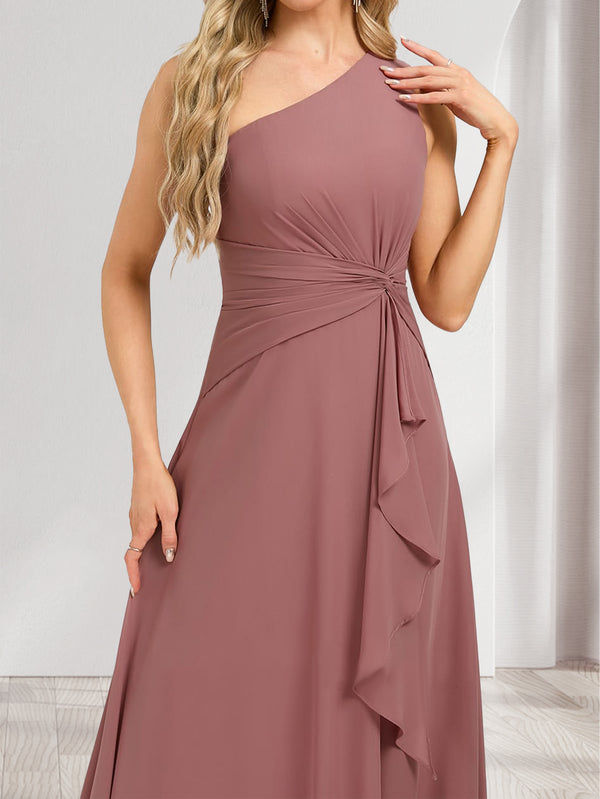 A-Line/Princess One-Shoulder Floor-Length Bridesmaid Dresses With Ruffles & Split Side