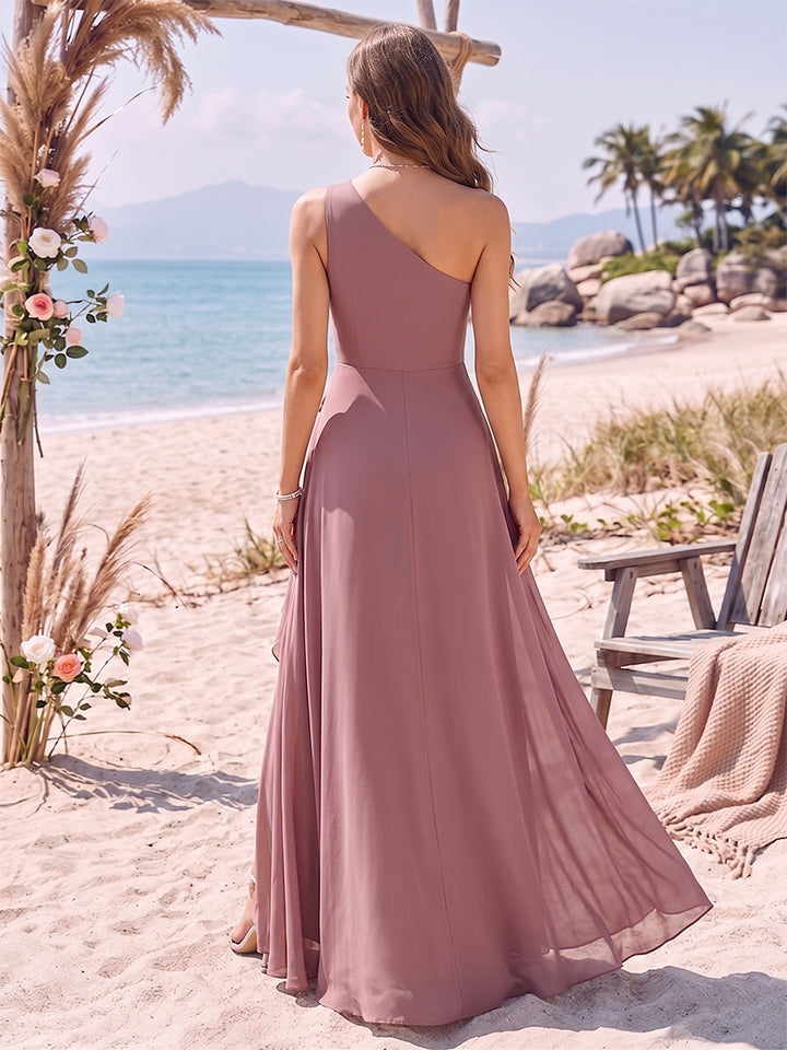 A-Line/Princess One-Shoulder Sleeveless Floor-Length Bridesmaid Dresses With Ruffles &amp; Split Side