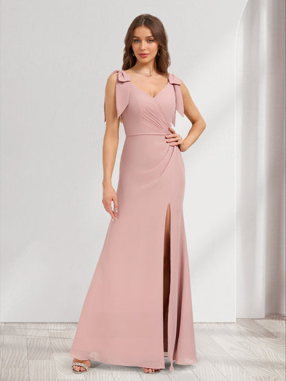 A-Line/Princess V-Neck Floor-Length Bridesmaid Dresses with Bow & Split Side